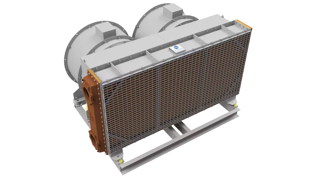 3D render of a large marine air-cooled heat exchanger with fan units