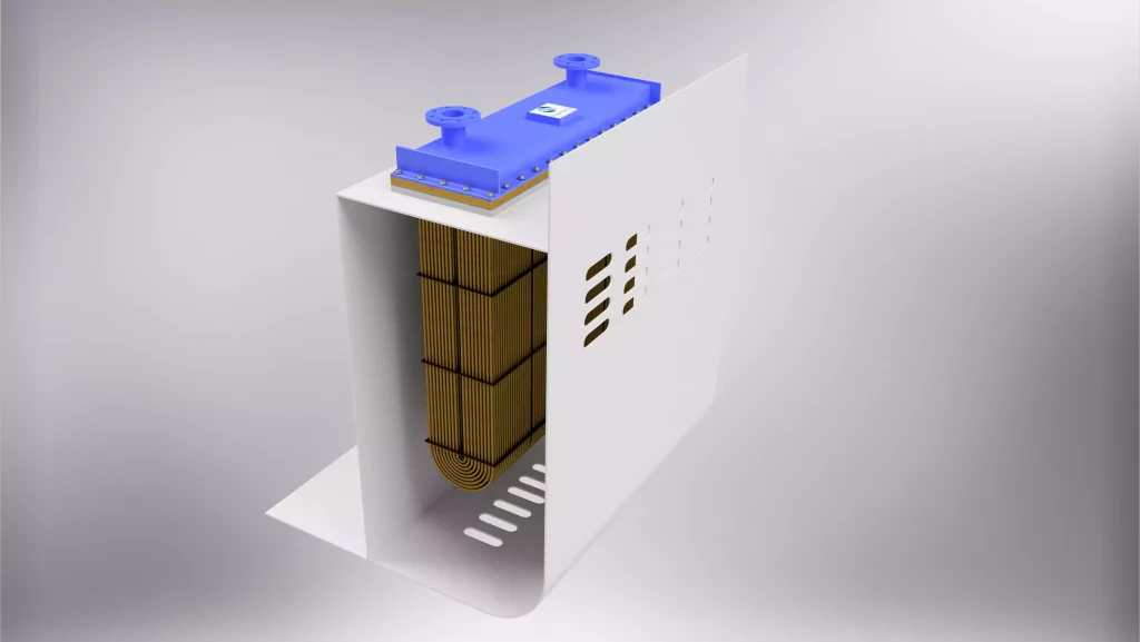 Cutaway 3D render of a marine box cooler
