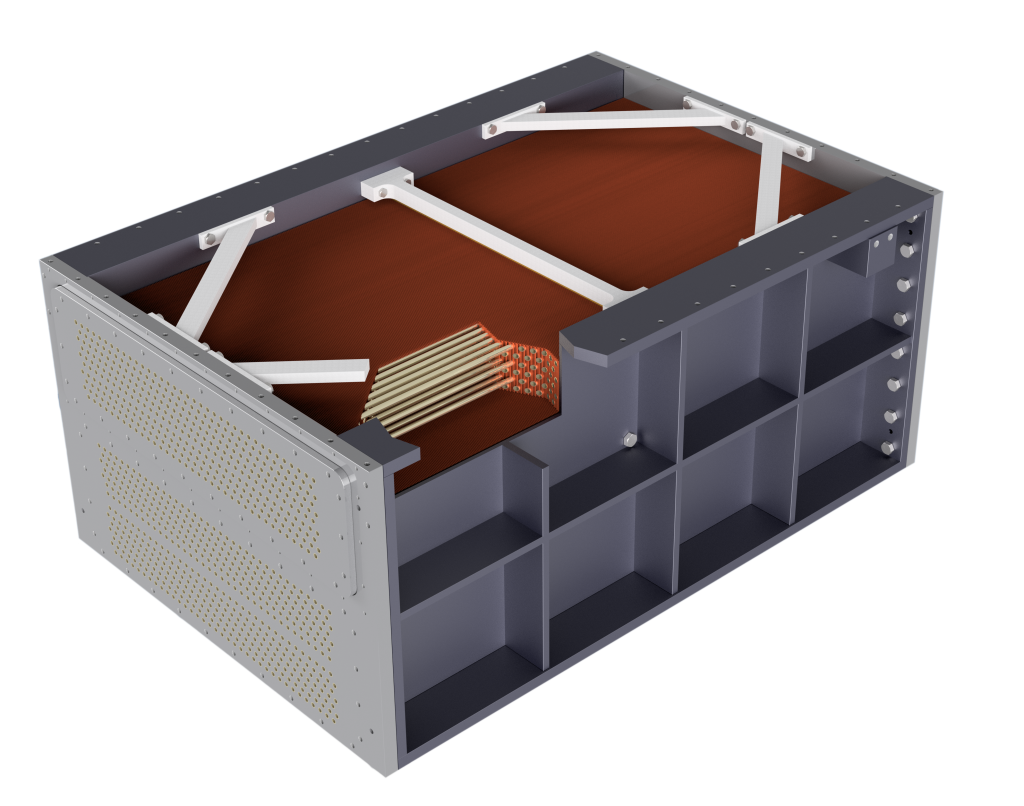 Cutaway 3D render of a marine charge air cooler