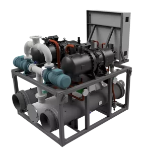 3D render of a marine chiller unit mounted on a frame with compressors and pumps