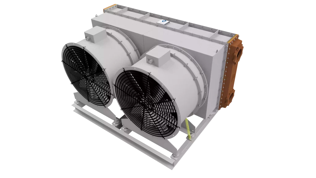 3D render of a marine HVAC air cooler unit with twin fans