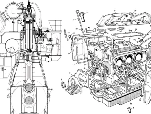 Exploded view of a marine diesel engine cylinder block with numbered parts