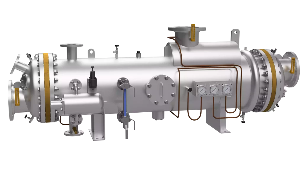 3D render of a marine tank cleaning heater, shell-and-tube type