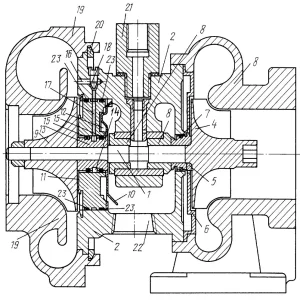 Cross-section drawing of a turbocharger with numbered parts